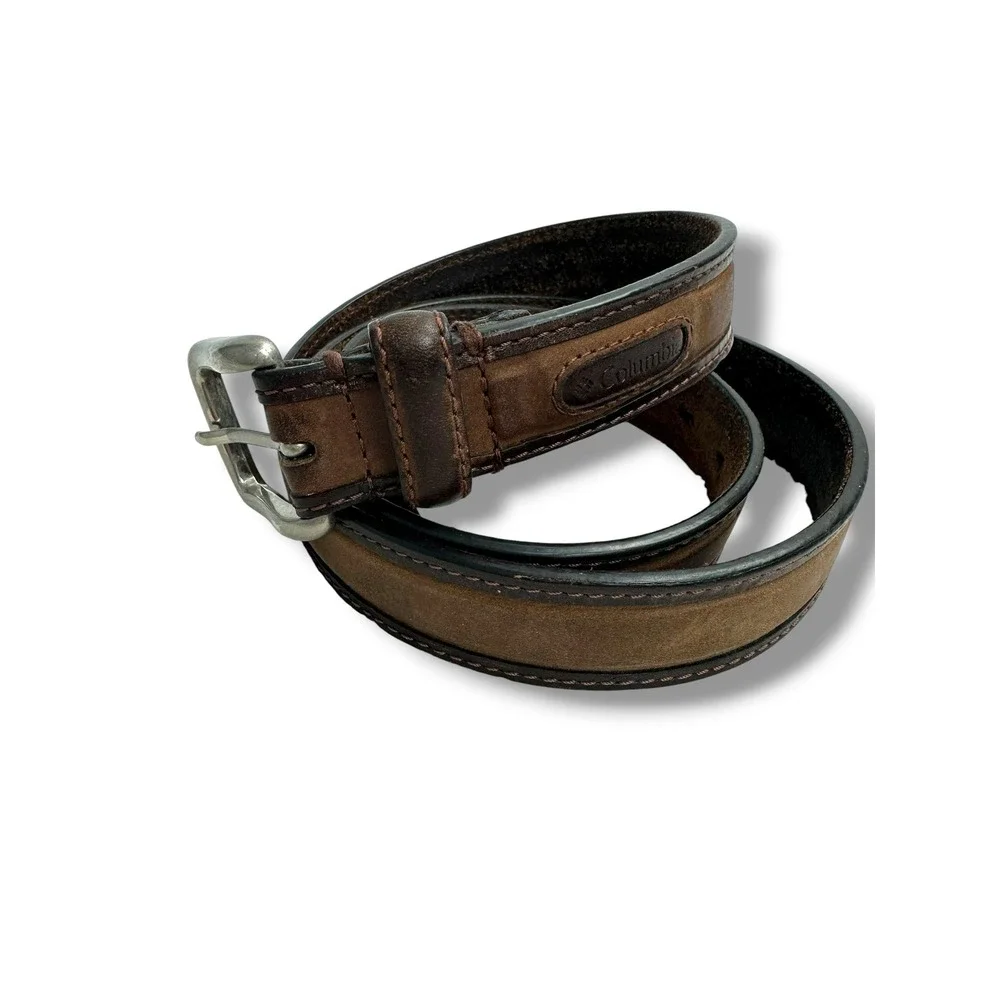Columbia Mens‎ Brown Leather Belt Silver Buckle Stitched Logo